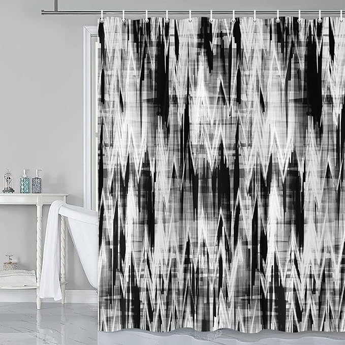 Black White Shower Curtain, Modern Abstract Pattern Machine Washable Home Bathroom Decorations, Wave Striped Wave Shower Curtain Set with Hooks Waterproof Fabric Bath Curtains Home Decor, 69X84IN