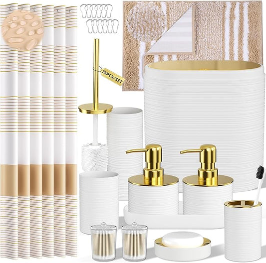 Bathroom Set - Bathroom Sets with Shower Curtain and Rugs, 25PC Bathroom Accessory Set, White Bathroom Accessories Set with Trash Can, Soap Dispensers