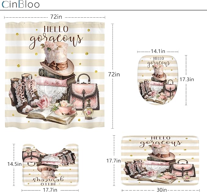 Cinbloo 4Pcs Pink Brown Shower Curtain Set, Vintage Fashion Lace Flower Beige White Striped Books Boots Cups Bathroom Curtain with Rug, Toilet Lid Cover, Bath Mat, Women Shower Curtain with 12 Hooks