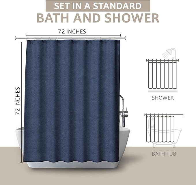 Luxurious Cotton Blend Shower Curtain - Spa Quality Bathroom Essential with Buttonhole Loops, Easy to Install & Clean, 72x72 inch, Home Spa Collection (Navy Linen)