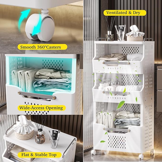 Laundry Basket with Wheels,Folding Laundry Hamper,utility cart,Kitchen storage Cart,Stackable Laundry Basket Holder,Rolling Dirty Clothes Hamper,Plastic laundry room organization (3 Large-Tier)