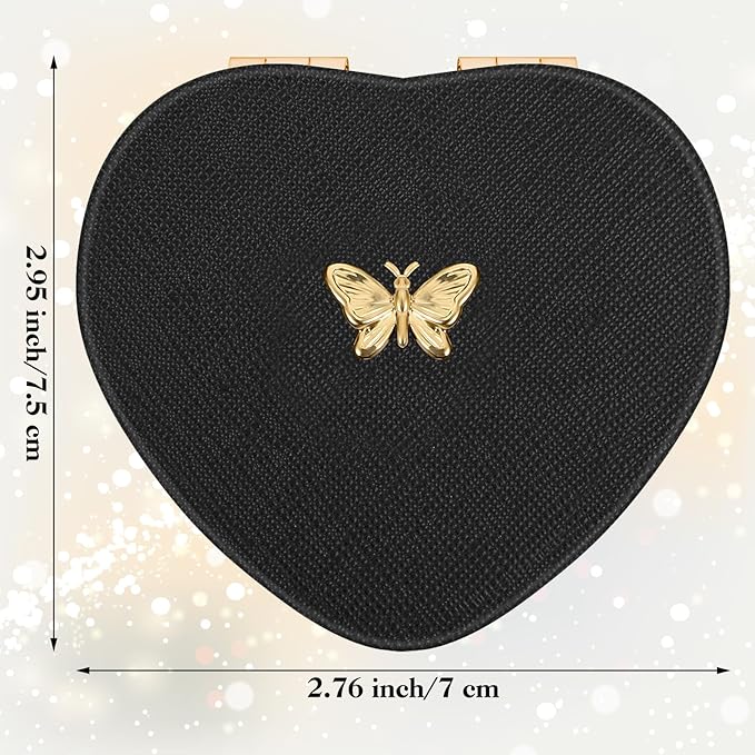 Qianyu Heart Shaped Double-Sided 1X/2X Magnifying Mirror, Compact Folding PU Leather Makeup Mirror, Ultra-Portable for Women Home Office Travel