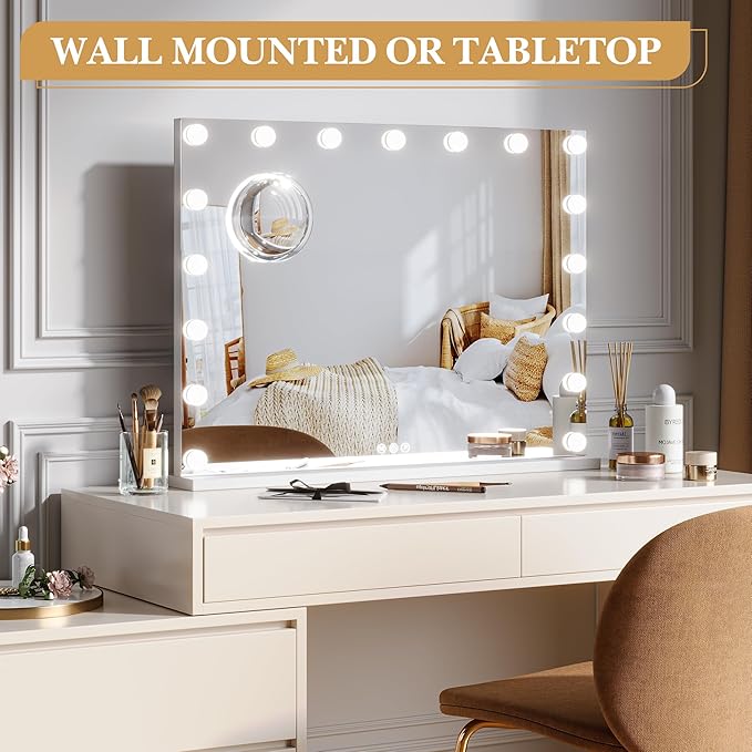 Vanity Mirror with Lights, 32" x 24" Makeup Mirror with Lights, Hollywood Lighted Vanity Mirrors with 15 Dimmable LED Bulbs, 3 Color Modes, Light up Mirror with Touch Control for Bedroom, Tabletop