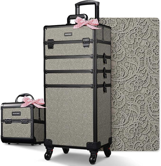 BYOOTIQUE Makeup Train Case Trolley w/Cube Case Cosmetic Organizer Rococo Gray
