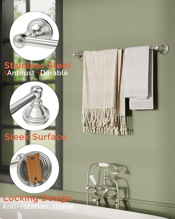 Towel Bar 24inch, Stainless Steel Bathroom Towel Rack Wall Mounted, Heavy Duty Towel Rod, Towel Holders for Bathroom, Kitchen (Brushed Nickel)
