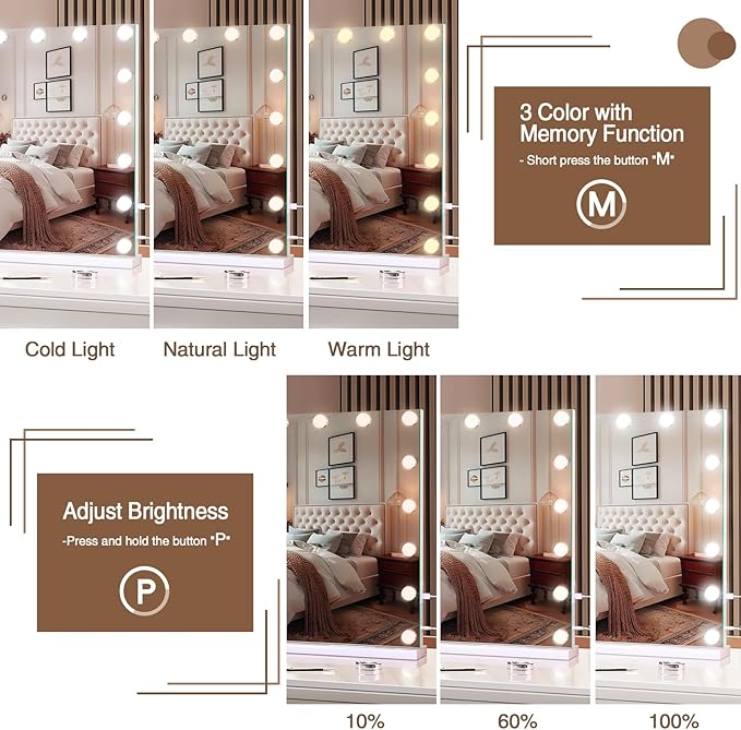 halumao Vanity Mirror with Lights, Large Makeup Mirror with LED Lights, Smart Touch Dimmable 3-Color Light, Memory Function, USB Charging Port