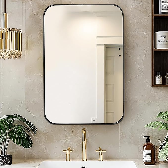 SogesHome Bathroom Medicine Cabinet with Mirror, 16"x24" Black Medicine Cabinet, Stainless Steel Frame and 2 Shelves, Wall Mounted Vanity Mirror Storage Cabinet for Bathroom