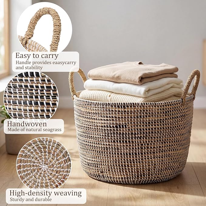 Laundry Hamper, Wicker Laundry Baskets with Handles, Storage Baskets, Woven Basket Decorative Baskets for Shelves, Basket for Gifts, Closet, Pantry, and Home Organization, Set of 3, Multi-Size
