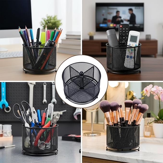 360° Rotating Makeup Brush Holder, Metal Perfume Organizer, 4 Compartments Desk Storage, Makeup Organizer Countertop for Vanity, Desktop, Bathroom, Black