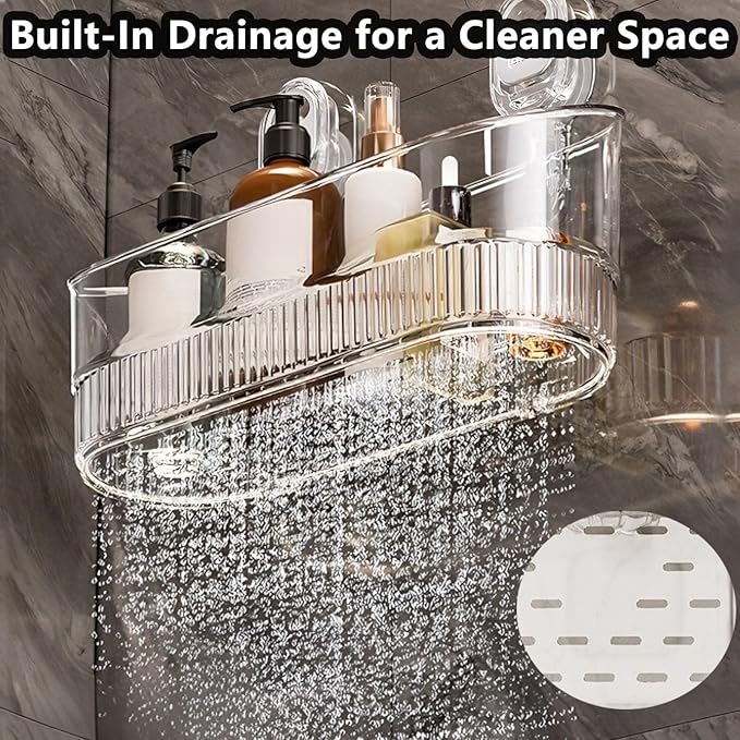 2026 No-Drill Bathroom Suction Storage Box-Large Capacity & Strong Load-Bearing, No Drill Bathroom Shelves, Suction Storage Rack, Removable Hanging Storage Basket, Ripple Acrylic Wall Shelf (2PC-B)