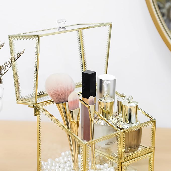 HKS Vintage Makeup Organizer Gold Glass Brush Holder with Lid Storage Dustproof Cosmetics Case with Pearls for Vanity Decoration Jewelry Nail Brush Lipstick