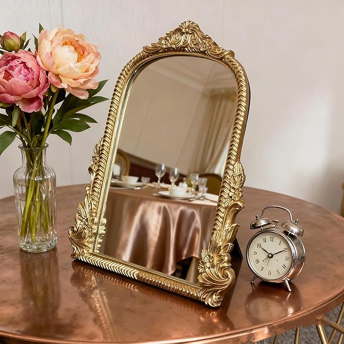 Baroque Gold Vintage Vanity Mirror 13x10 Inch, Wall-Mounted & Tabletop Dual-Use, Ornate Gold Accent Retro Decorative Mirror for Bedroom Dresser, Bathroom, Living Room and Dorm