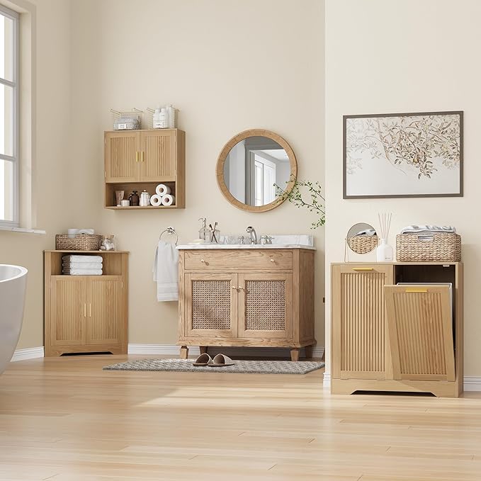 Smuxee Bathroom Cabinet Wall Mounted, Wooden Medicine Cabinet with Fluted Doors & Adjustable Shelf, Bathroom Cabinet for Bath Room, Living Room, Laundry Room