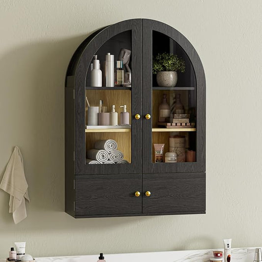 BREEZEHEAT Arched Medicine Cabinet with Extra Storage, Glass Doors & Adjustable Shelf -Wall Mounted Over Toilet Cabinet for Bathroom, Kitchen, Laundry Room, Black Wood Grain, 23.6x33.5 Inch