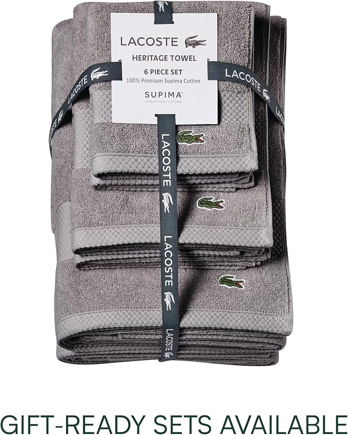Lacoste Heritage 100% Supima Cotton Hand Towel, Meteorite, 16" x 30" – Highly Absorbent & Quick Drying, Premium Super Soft Bath Towel, Bathroom Essential, Gift for All Occasions, Machine Washable