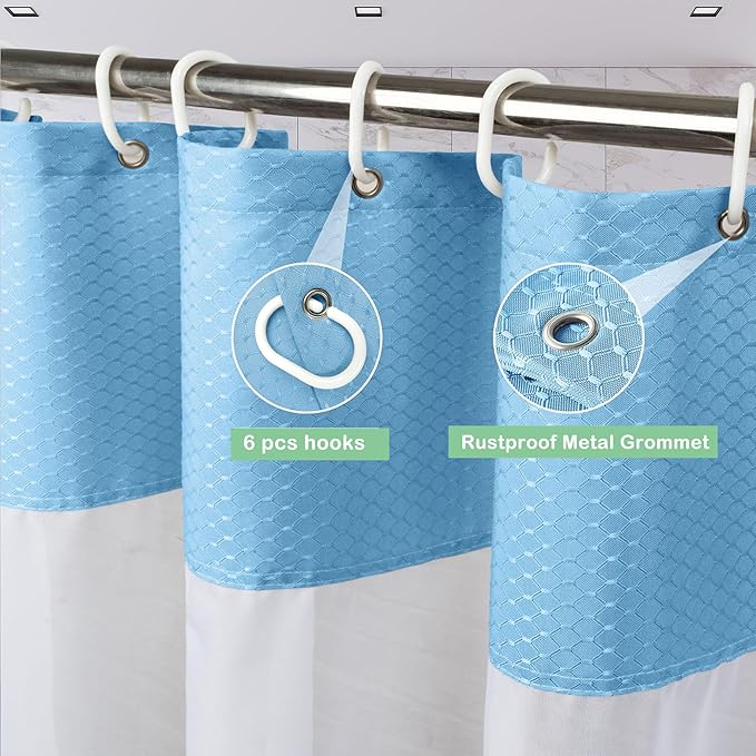 UFRIDAY Waffle Weave Fabric Shower Curtain with Mesh Window, Stall Shower Curtain Fabric 36 x 72 inch,Heavy Duty Decorative Bathroom Curtain, Hotel Luxury, Water-Repellent,36 x 72 Inches,Light Blue