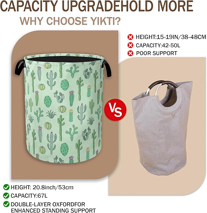 Collapsible Laundry Basket,Green Cactus Dirty Clothes Hamper,Succulent Plants Hampers for Bedroom Waterproof Oxford Cloth Storage Organizer for Bathroom,Nursery,Dorm,16x20 Inch