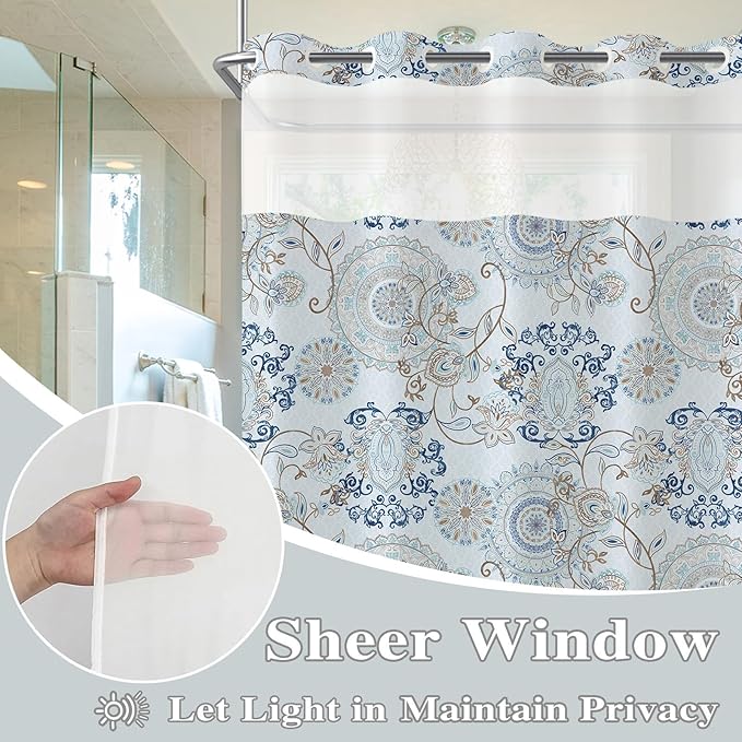 Neasow No Hook Shower Curtain with Snap in Liner, Light Blue and Navy Paisley Floral Curtains with Waterproof Inner Liner for Bathroom, Cool Teal 72×74 inches