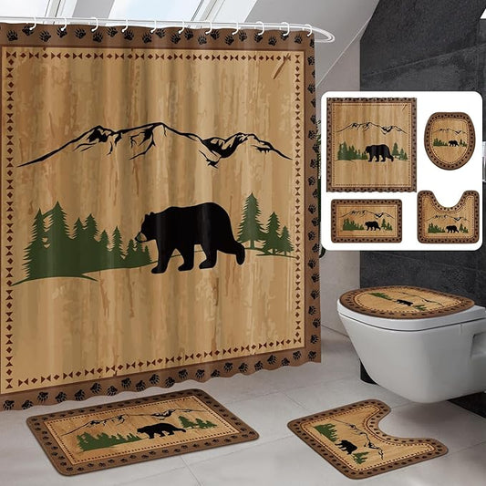 Drydiet 4 Pcs Bear Shower Curtain Set Rustic Cabin Bathroom Decor Farmhouse Waterproof Bear Shower Curtain with Non Slip Rug Toilet Lid Cover Bath Mat and 12 Hooks for Bathroom Decor 71 x 71 Inch