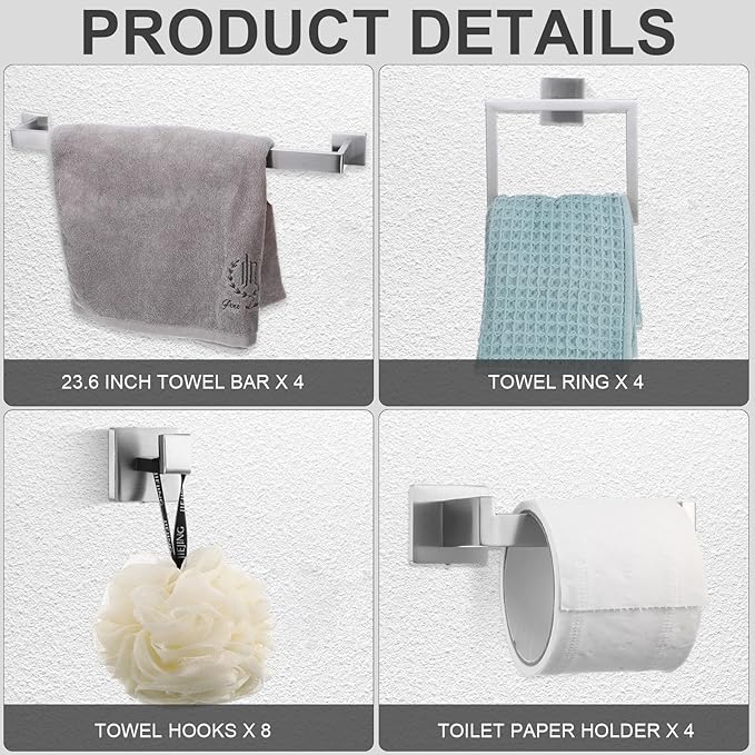 Gisafai 20 Pcs Silver Bathroom Hardware Accessories Set 23.6 Inch Bath Towel Bar Kit Stainless Steel Bathroom Hardware Set Towel Racks Ring Robe Hooks Paper Holder for Wall Mounted