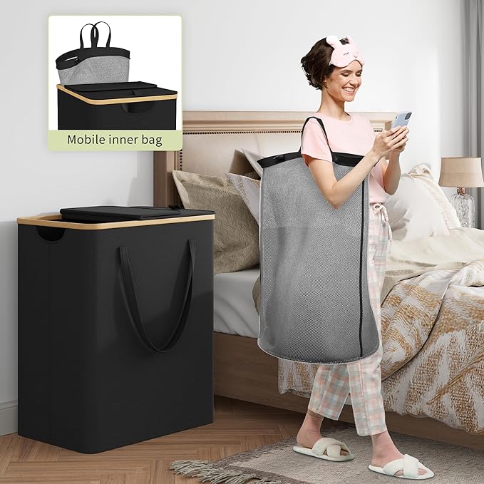 170L Laundry Hamper with Lid 3 Section, Extra Large Laundry Basket with 3 Removable Bags, Laundry Basket Organizer for Bedroom, Laundry Room, Dorm, Clothes Hamper, Black