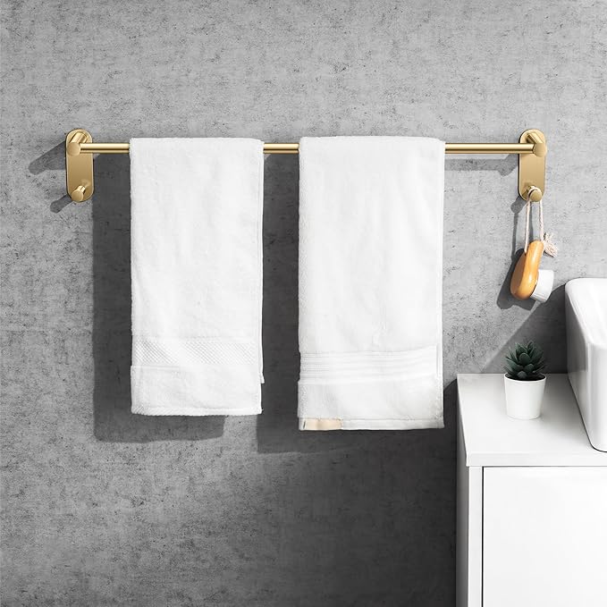 24 Inch Adhesive Towel Bar - Stainless Steel Stick on Towel Rack for Bathroom, No Drilling Towel Holder with 2 Hooks, Brushed Gold