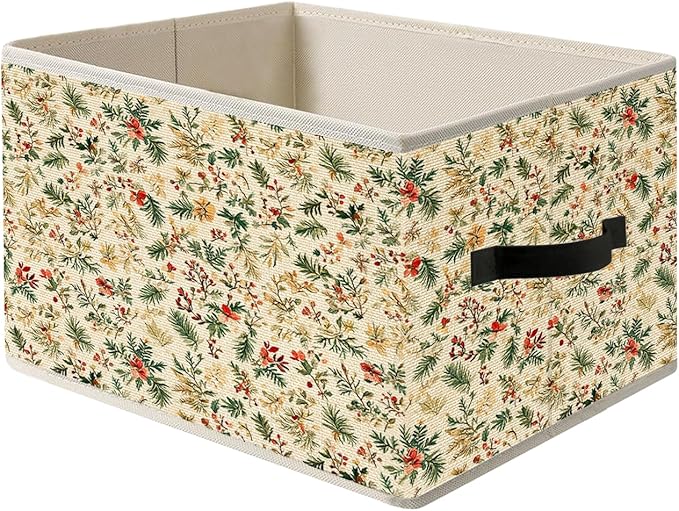 Christmas Floral Storage Bin Box with Handles, Rustic Holiday Floral Botanical Christmas Foldable Organizer Basket Toybox for Home Bedroom Bathroom Clothes Toys Books
