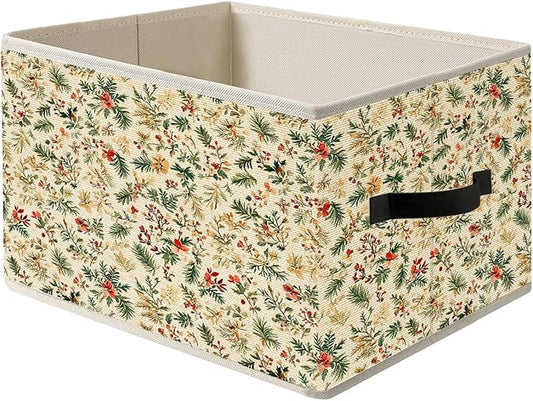 Christmas Floral Storage Bin Box with Handles, Rustic Holiday Floral Botanical Christmas Foldable Organizer Basket Toybox for Home Bedroom Bathroom Clothes Toys Books