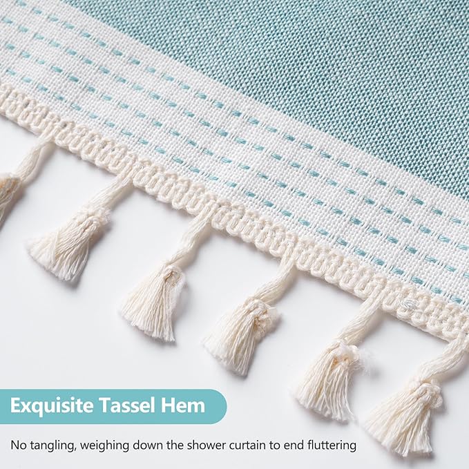 Boho Chic Thick Teal Shower Curtain with Tassels, 350GSM Cotton Linen Soft Fabric Shower Curtain Aqua Green, 72 x 72 Inch Heavyweight Elegant Farmhouse Bathroom Decor Curtain French Country