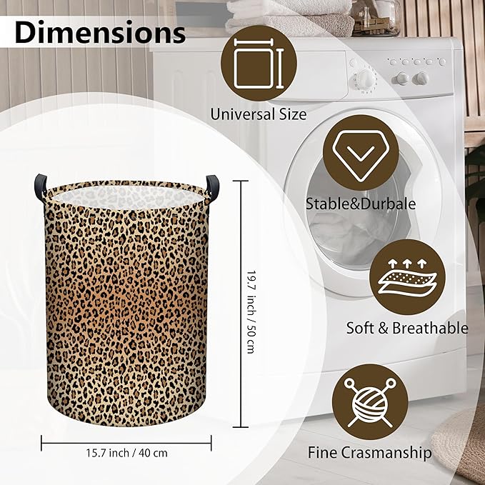 Leopard Print Laundry Basket, Collapsible Waterproof Oxford Cloth Laundry Hamper, Funny Round Kids Toys Storage Basket as Room Decor, Dirty Clothes Hamper for Bedroom Bathroom Dorm