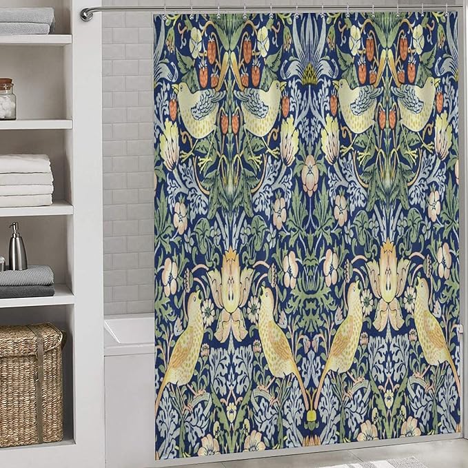 William Morris Shower Curtain,Original Design Vintage Flower Birds Strawberry Thief Pattern Print Shower Curtains Sets Polyester Waterproof Fabric Decor Bathroom Curtain 66"×72" Inch With 12 Hooks
