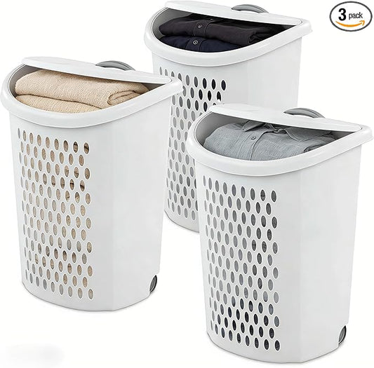 (3PACK) 135L Large-Capacity White Wheeled Laundry Basket, With Ventilation Design, Featuring Handle and Lid. Suitable for Households, Dormitories and Apartments.