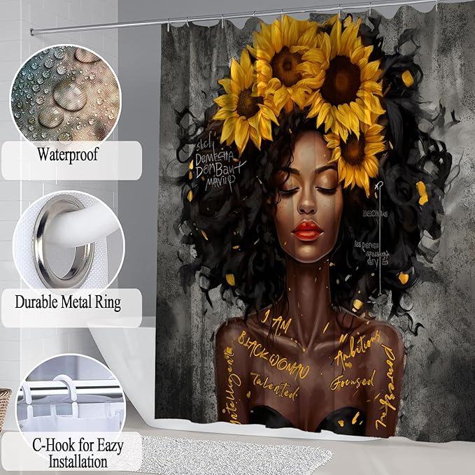 4 PCS Shower Curtain Set with Waterproof Shower Curtain, Non-Slip Bath Mat, Absorbent Rug, and Toilet Lid Cover, Inspirational Quote Afrcia American Black Queen Valentine's Day Bathroom Decor Set