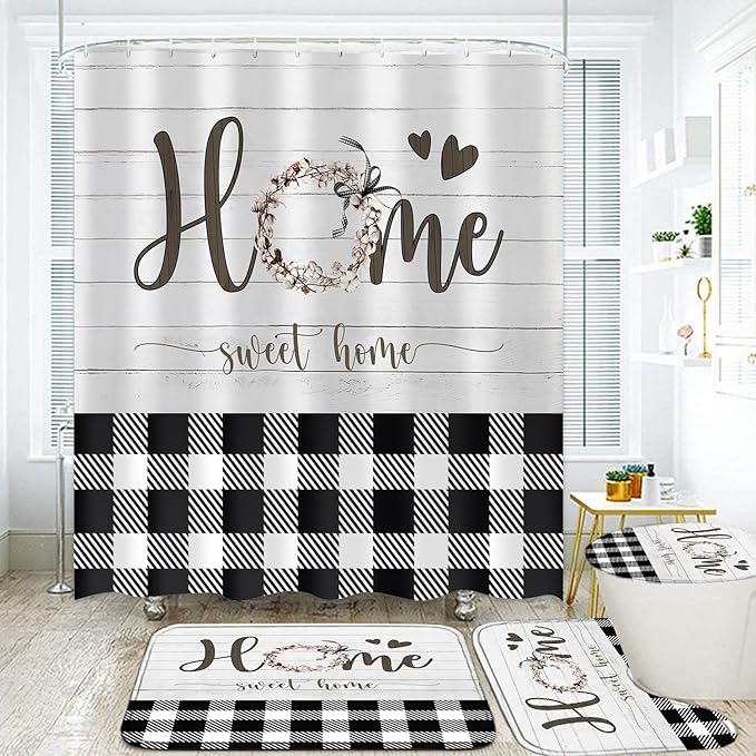 FZDHHY 4Pcs Black and White Shower Curtain Set, Modern Farmhouse Bathroom Sets, Buffalo Plaid Bathroom Sets with Shower Curtain and Rugs, Shower Curtain with 12 Hooks