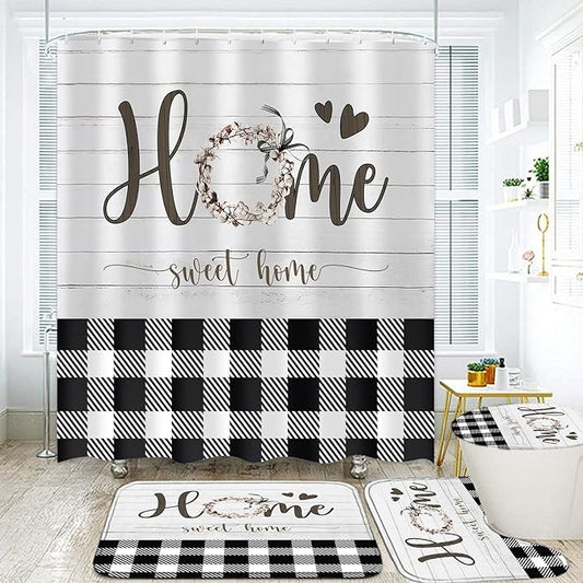 FZDHHY 4Pcs Black and White Shower Curtain Set, Modern Farmhouse Bathroom Sets, Buffalo Plaid Bathroom Sets with Shower Curtain and Rugs, Shower Curtain with 12 Hooks