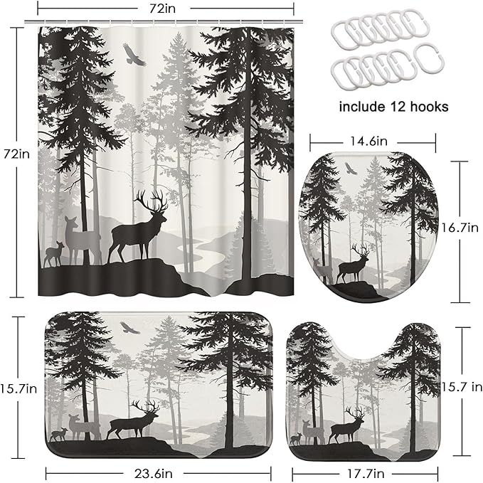 Britimes 4 Piece Shower Curtain Sets, with 12 Hooks, Pine Forest Family Deer with Non-Slip Rugs, Toilet Lid Cover and Bath Mat for Bathroom Decor Set, 72" x 72"