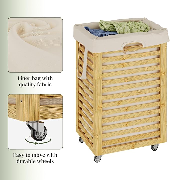 Laundry Hamper with Wheels, Laundry Basket with Liner, 85L Large bamboo wood Laundry Clothes Laundry Hamper, Liner with Handles, Dirty Clothes Storage Cart For Laundry Room, Dorm, Bedroom(Natural)
