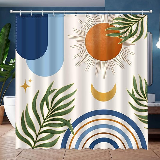 Boho Mid Century Shower Curtain, Bohemian Blue Minimalist Simple Aesthetic Modern Bathroom Decor, Colorful Rainbow Sun Moon Natural Botanical Leaves Fabric Cloth Bath Curtain 72x72 Inches