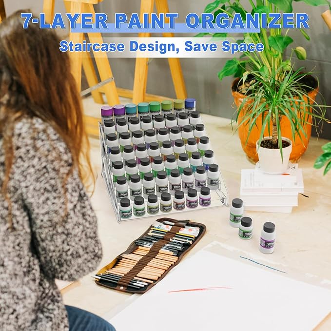 7 Layers Acrylic Paint Organizer, Painting Bottle Holder, Miniature Paint Holder, Craft Hobby Rack Shelf, Snap-on Design Easy Assembly Storage Rack for Citadel, Apple Barrel, Folkart -2oz Craft Paints