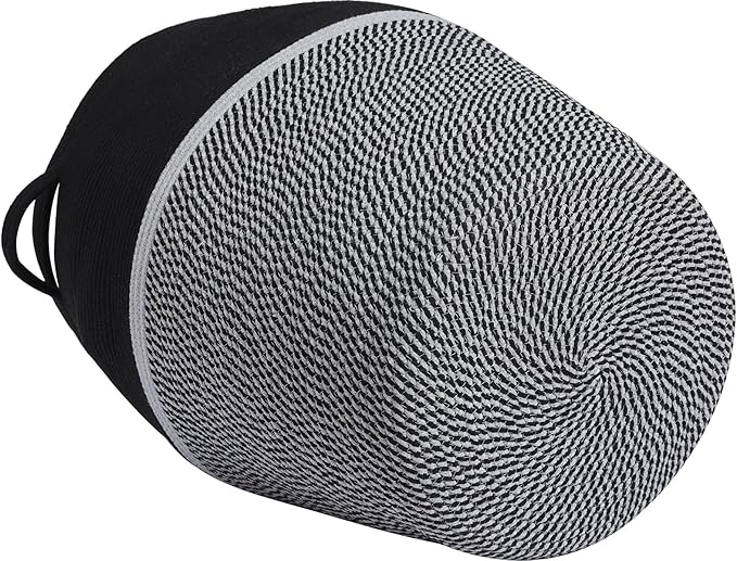 Handcrafted Tall Cotton Rope Basket with Lid, Stylish Flagon Shape with Cover, Clothes Hamper with Top, for Bedroom and Living Room (Two Sides Black/Black Mix, 26"x20")