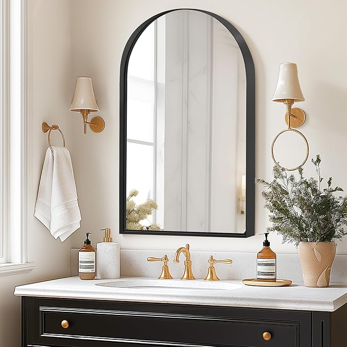 SogesHome 3-Tier Medicine Cabinet with Shelf, Wall Mounted Recessed Decro Vanity Storage Mirror Cabinet for Bathroom, Bedroom, (Arched, Black)