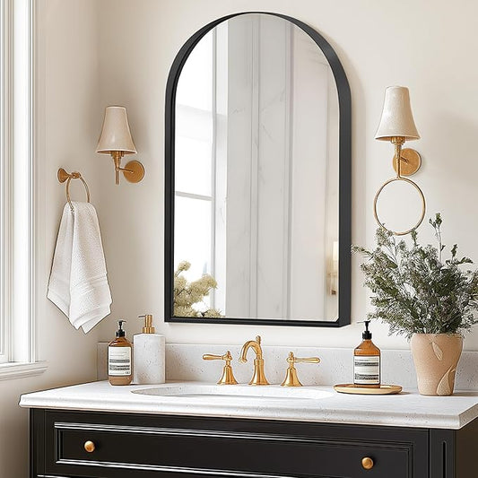 SogesHome 3-Tier Medicine Cabinet with Shelf, Wall Mounted Recessed Decro Vanity Storage Mirror Cabinet for Bathroom, Bedroom, (Arched, Black)