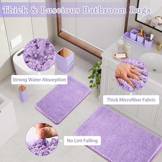 XLHOMO Bathroom Accessory Set–Bathroom Sets with Shower Curtain and Rugs, Non Slip Bathroom Rugs Super Absorbent, Light Purple Ombre Shower Curtain with Hooks, Lavender Bathroom Sets Complete for Home