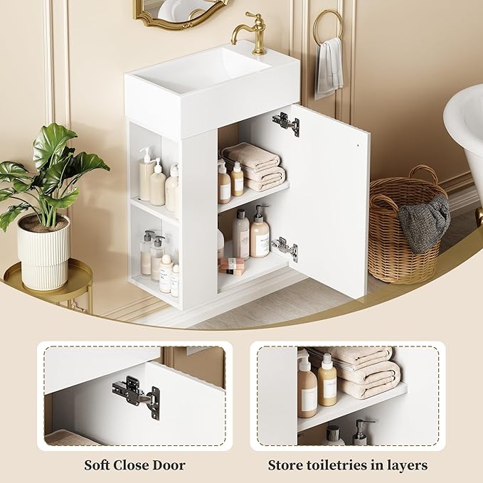 Virubi 18.5" Floating Bathroom Vanity with Sink, Soft Closing Doors, Wood Modern Single Small Bathroom Vanity Cabinet with Open Shelf, Wall Mounted (White, Left Shelves)