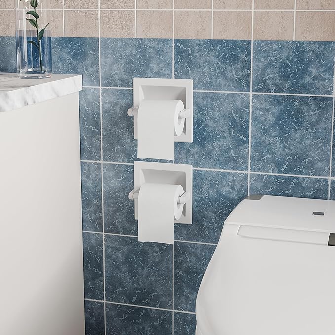 Recessed Toilet Paper Holder for Regular Rolls White 2 Pack, Pivoting Toilet Paper Holder Wall Mount Made of Metal, in Wall Toilet Paper Holders for Bathroom
