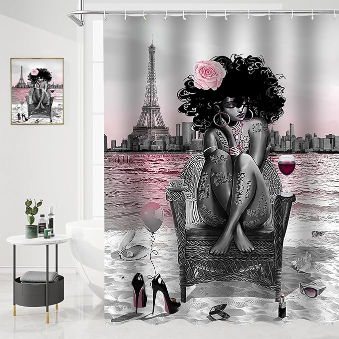 5Pcs Black Girly Bathroom Sets with Rugs and Wall Painting, Pink and Black African American Shower Curtain Set with Rugs, Parisian-Style Modern Wall Decor, Bathroom Shower Curtain and Rug Set