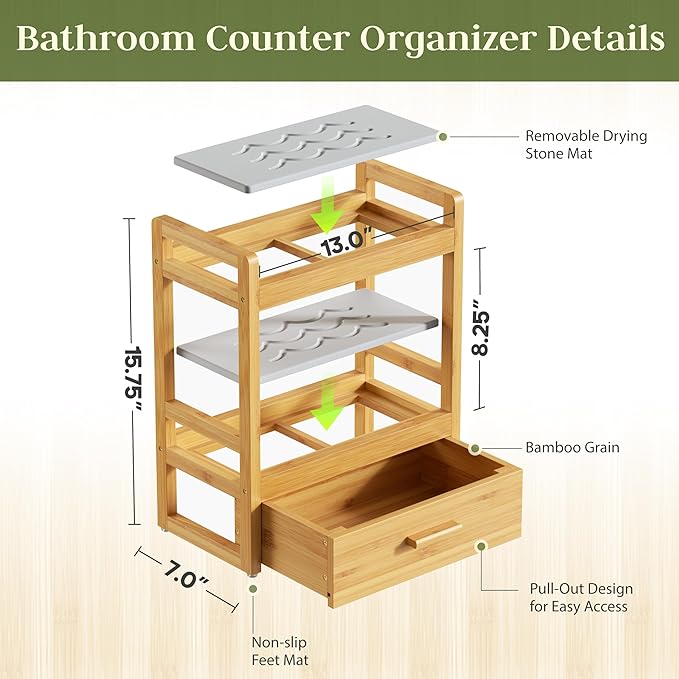 Bamboo Bathroom Countertop Organizer, 2 Tier Vanity Organizer with Drawer for Skincare & Makeup, Countertop Storage with Stone Drying Mat for Coffee Bar, Kitchen, Matcha Station
