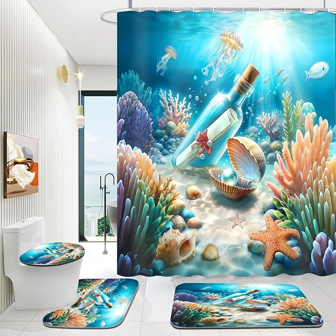 Yizheer 4Pcs Drift Bottle Shower Curtain Sets,Shell Pearl Jellyfish Ocean Scenery Marine Theme Bathroom Curtain with Rugs, Toilet Lid Cover and Bath Mat