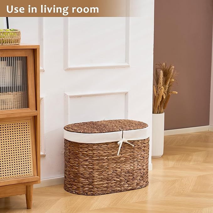 Laundry Hamper with Lid, Handwoven Water Hyacinth Clothes Hamper with Removable Liner Bags, 2 Section Wicker Laundry Basket for Bedroom, Laundry Room and Bathroom (Espresso, 70L)