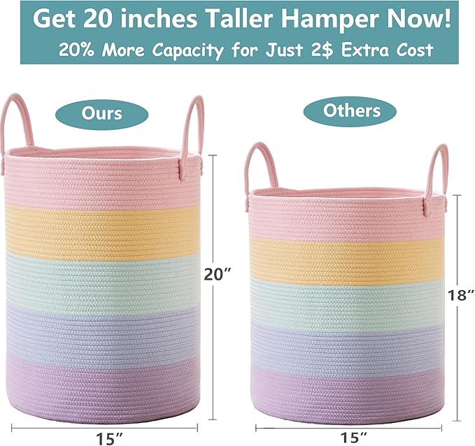 15Dx20H inches Baby Girls Kids Hamper Rainbow Laundry Basket for Nursery Clothes Pastel Unicorn Woven Hamper in Playroom Bedroom 60L Large Tall Blanket Basket
